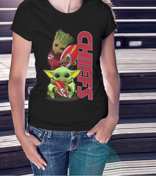 Grzd Chiefs Kansas City Groot And Baby Yoda Football T-Shirt