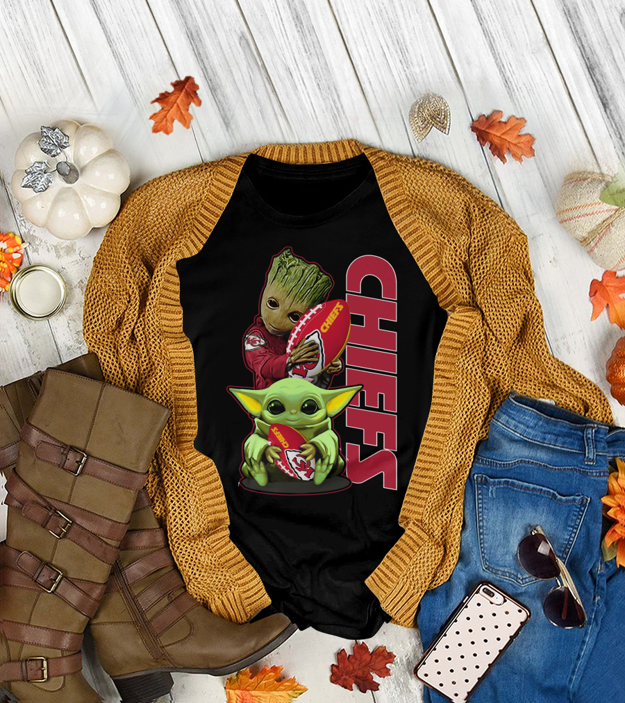 Grzd Chiefs Kansas City Groot and Baby Yoda Football T-Shirt