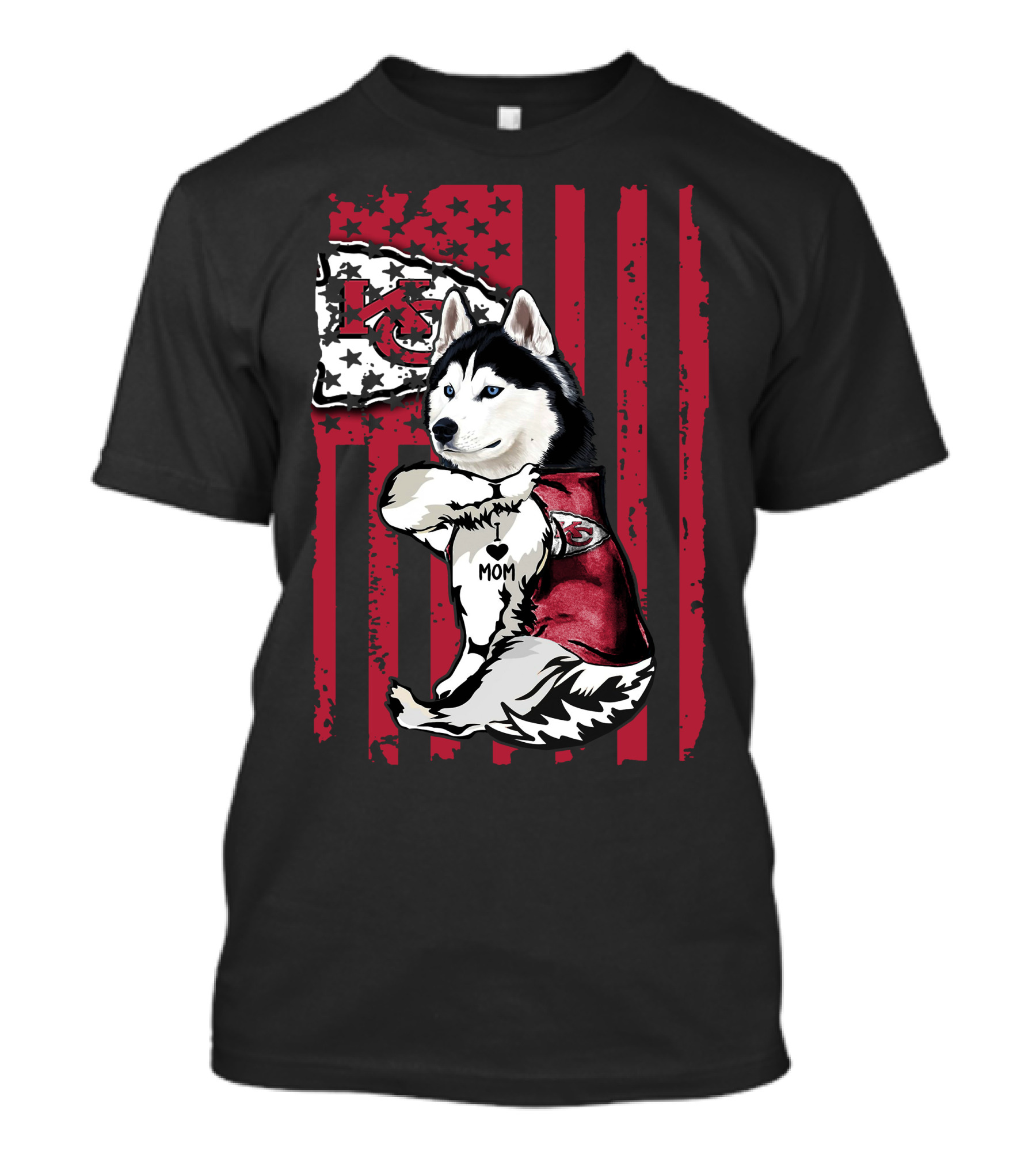 Siberian Husky Wearing Kansas City Chiefs Jersey With Flag Background Mom T-Shirt