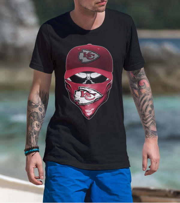 Skull With Kansas City Chiefs Cap And Bandana T-Shirt