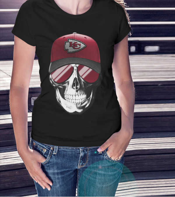 Skull With Kansas City Chiefs Hat And Sunglasses T-Shirt
