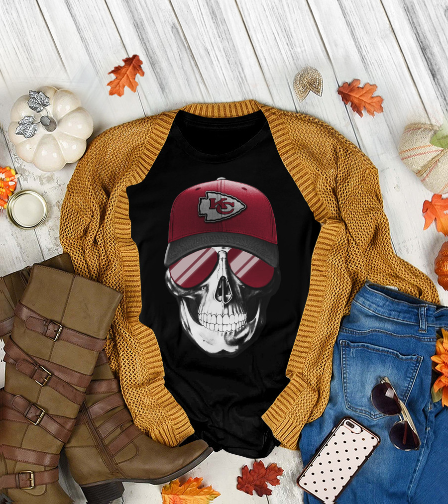 Skull with Kansas City Chiefs Hat and Sunglasses T-Shirt