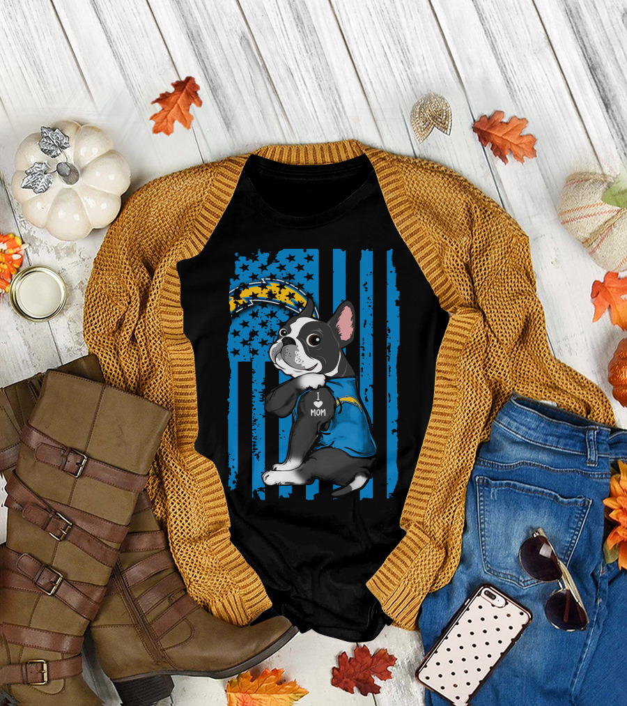 Boston Terrier I Love Mom Los Angeles Chargers Fan T-Shirt