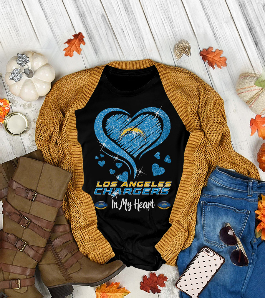 Los Angeles Chargers In My Heart Sparkling Blue Heart T-Shirt