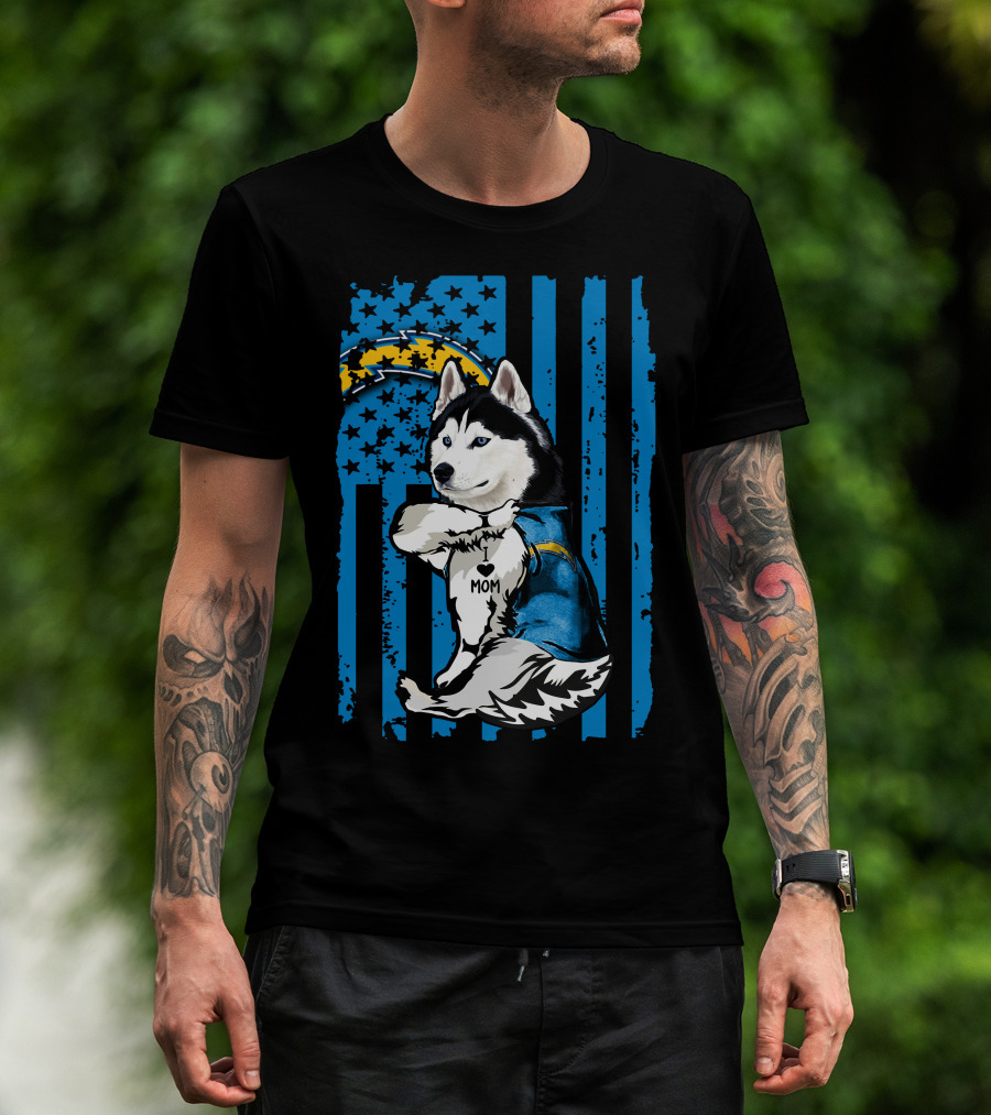 Siberian Husky I Love Mom Los Angeles Chargers Blue Stars T-Shirt