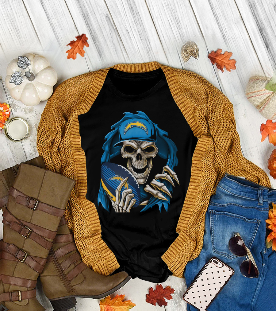 Skullbong Los Angeles Chargers Skeleton Holding Football with Blue Hood and Cap T-Shirt