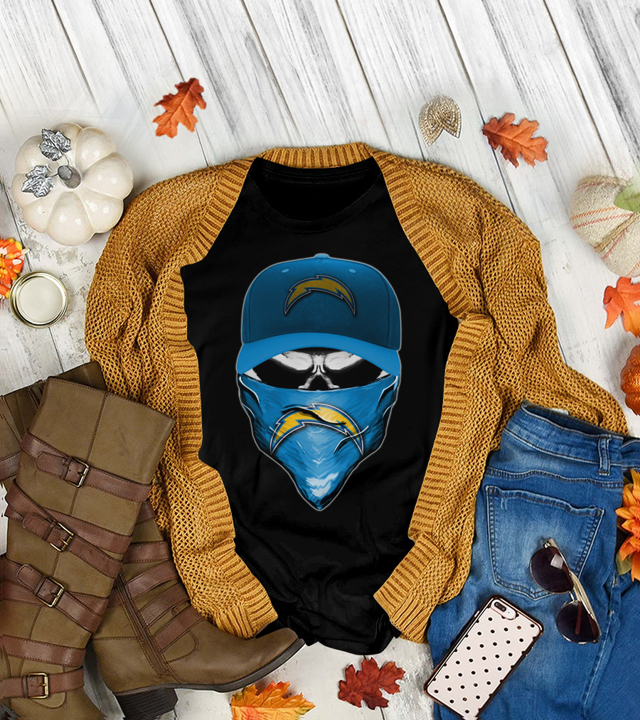 Skull Wearing Los Angeles Chargers Cap and Bandana T-Shirt