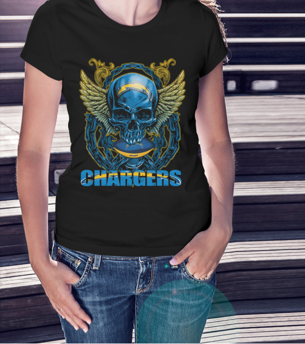 Skullfb Chargers Los Angeles Winged Skull Football Helmet And Chains T-Shirt