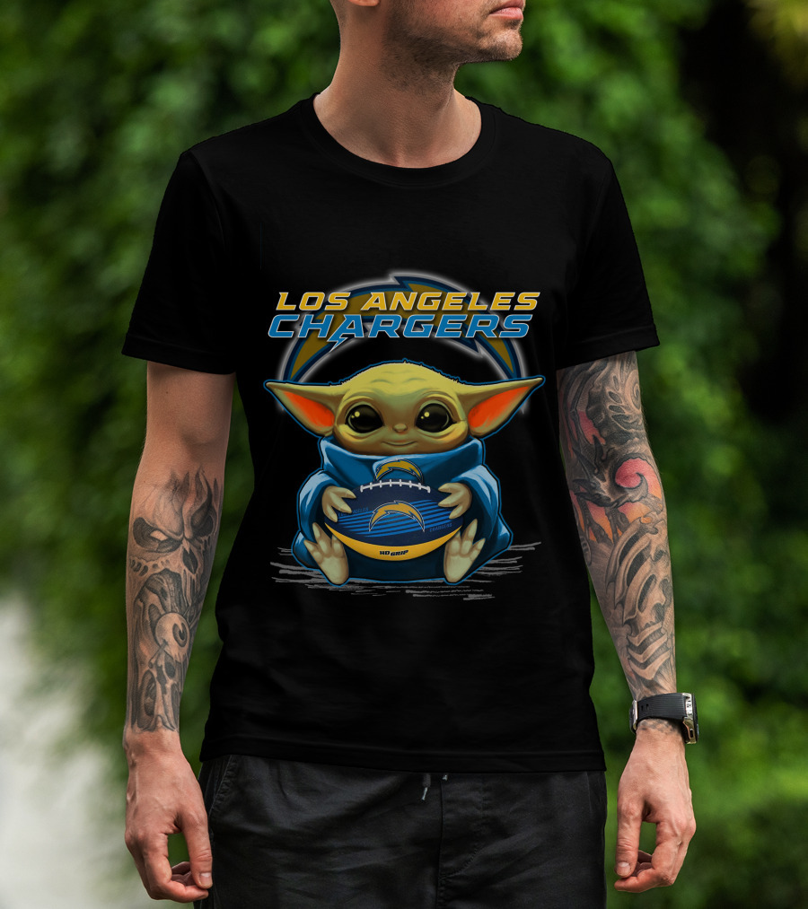 Los Angeles Chargers Baby Yoda Holding Football T-Shirt