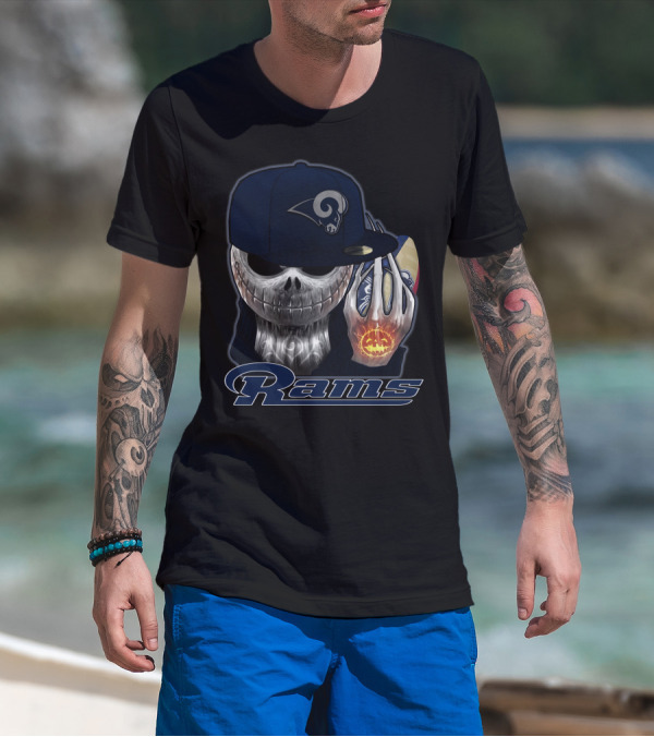 Jackskull Los Angeles Rams Halloween Skull Cap Football T-Shirt