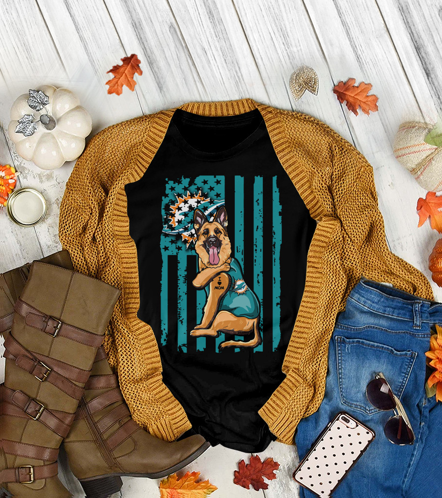 German Shepherd I Love Mom Miami Dolphins Fan T-Shirt