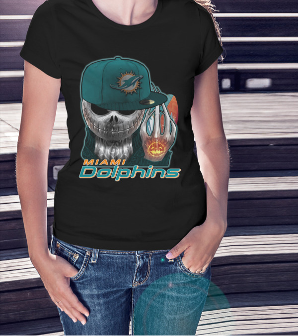 Miami Dolphins Skull With Jack-O'-Lantern Glove T-Shirt
