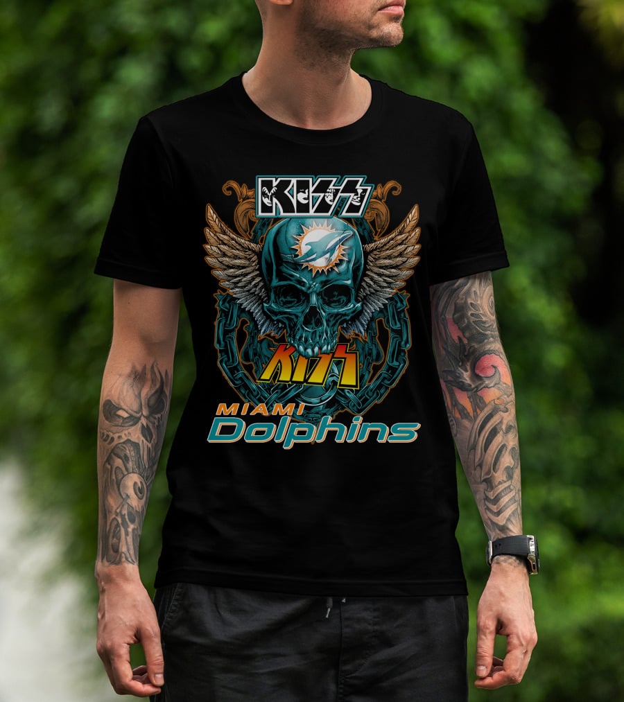 Kiss Miami Dolphins Skull Wings Logo Fusion T-Shirt