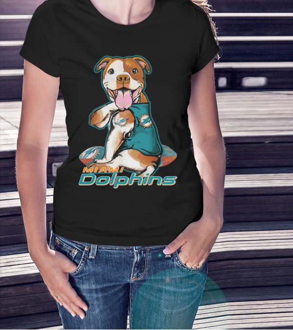 Pittbull Wearing Miami Dolphins Jersey With Logo And Football T-Shirt