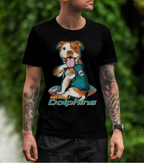 Pittbull Wearing Miami Dolphins Jersey With Logo And Football T-Shirt