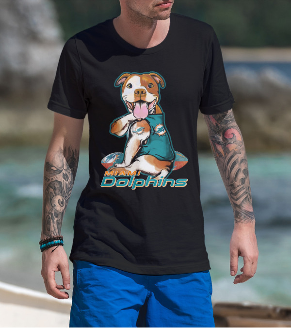 Pittbull Wearing Miami Dolphins Jersey With Logo And Football T-Shirt