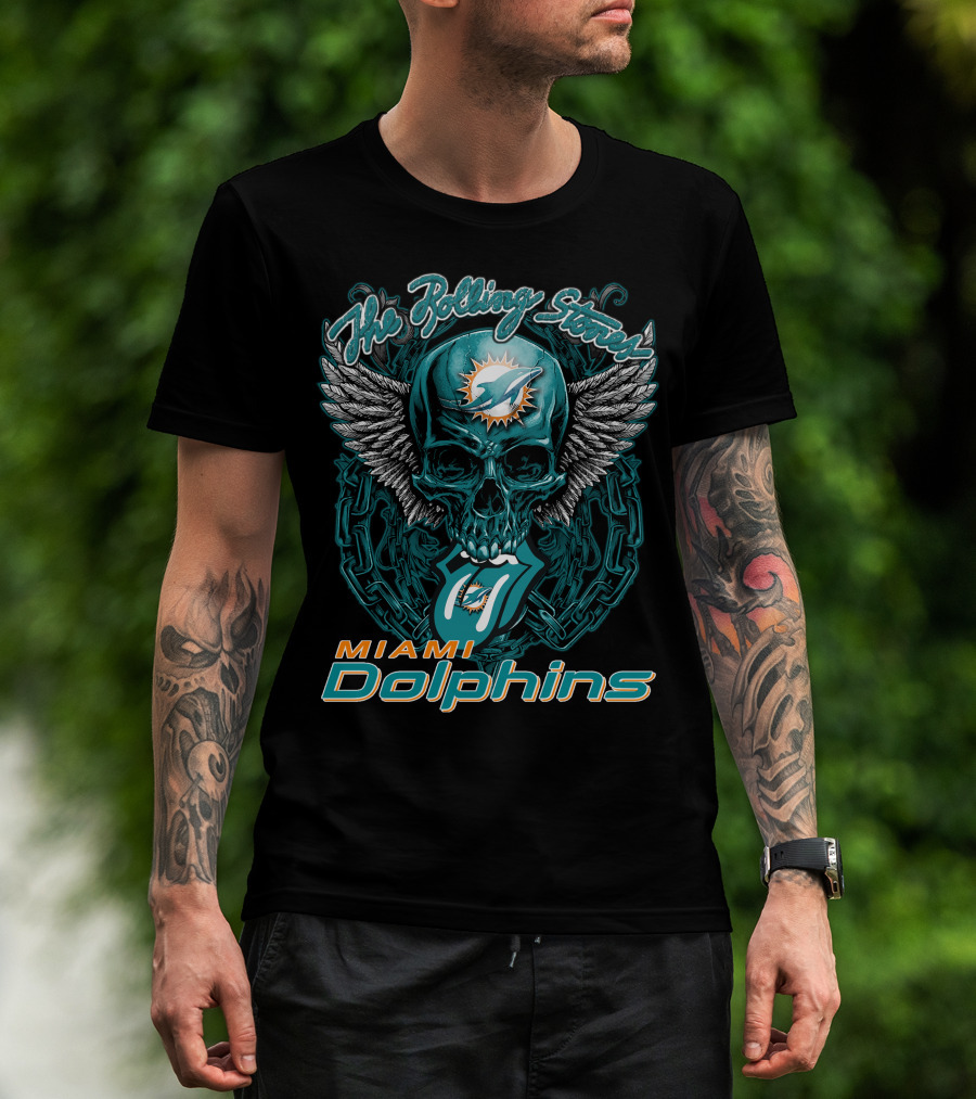 The Rolling Stones Miami Dolphins Skull With Wings Iconic Tongue T-Shirt