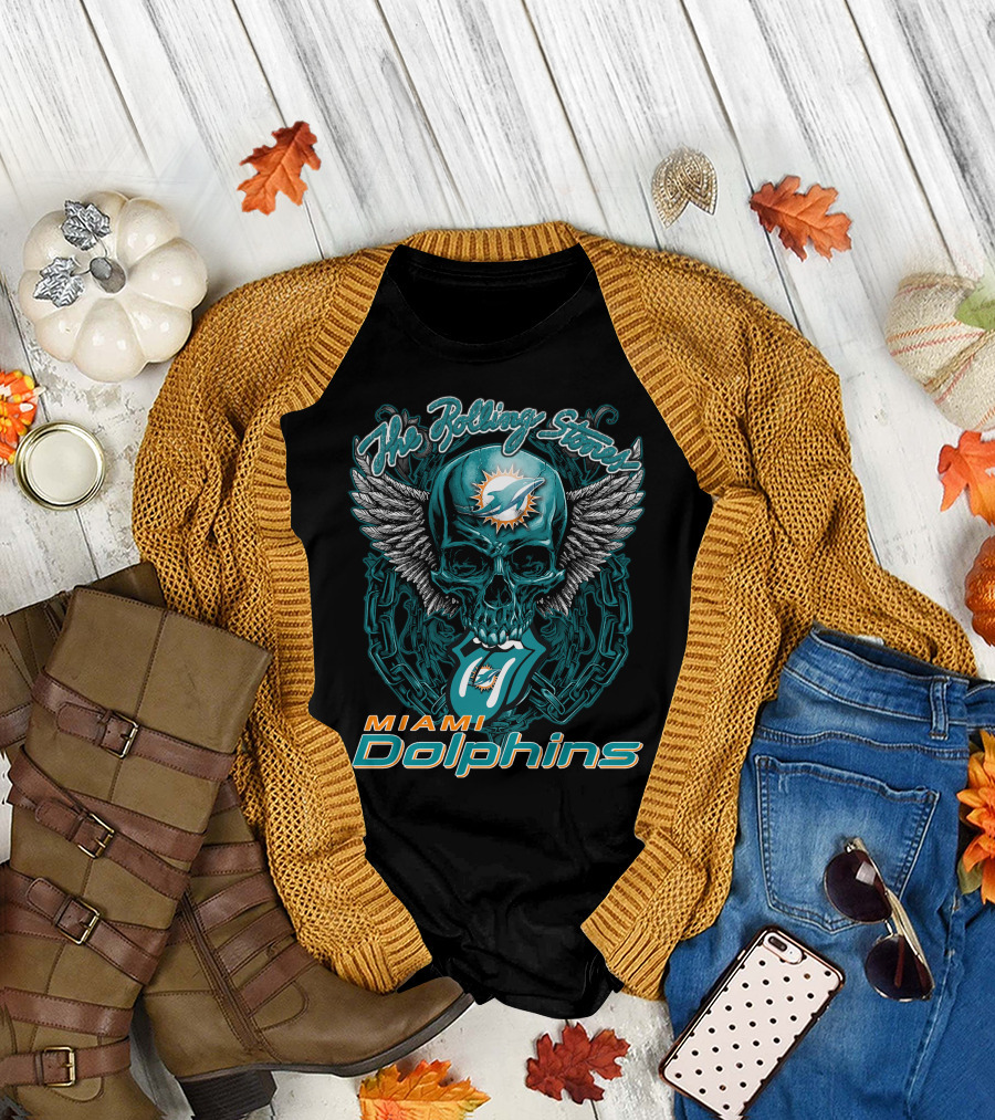 The Rolling Stones Miami Dolphins Skull With Wings Iconic Tongue T-Shirt