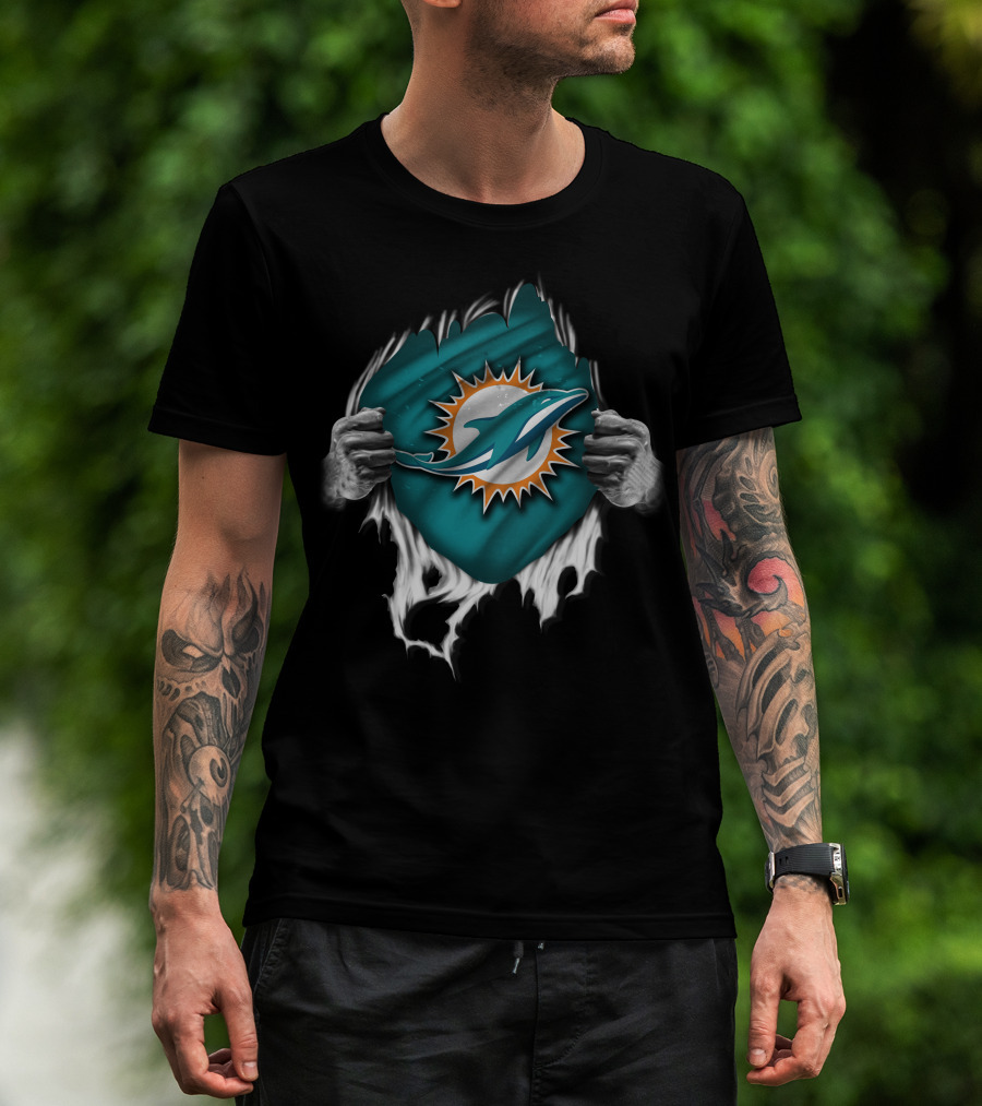Torn Miami Dolphins Emblem With Hands Peeling Effect T-Shirt