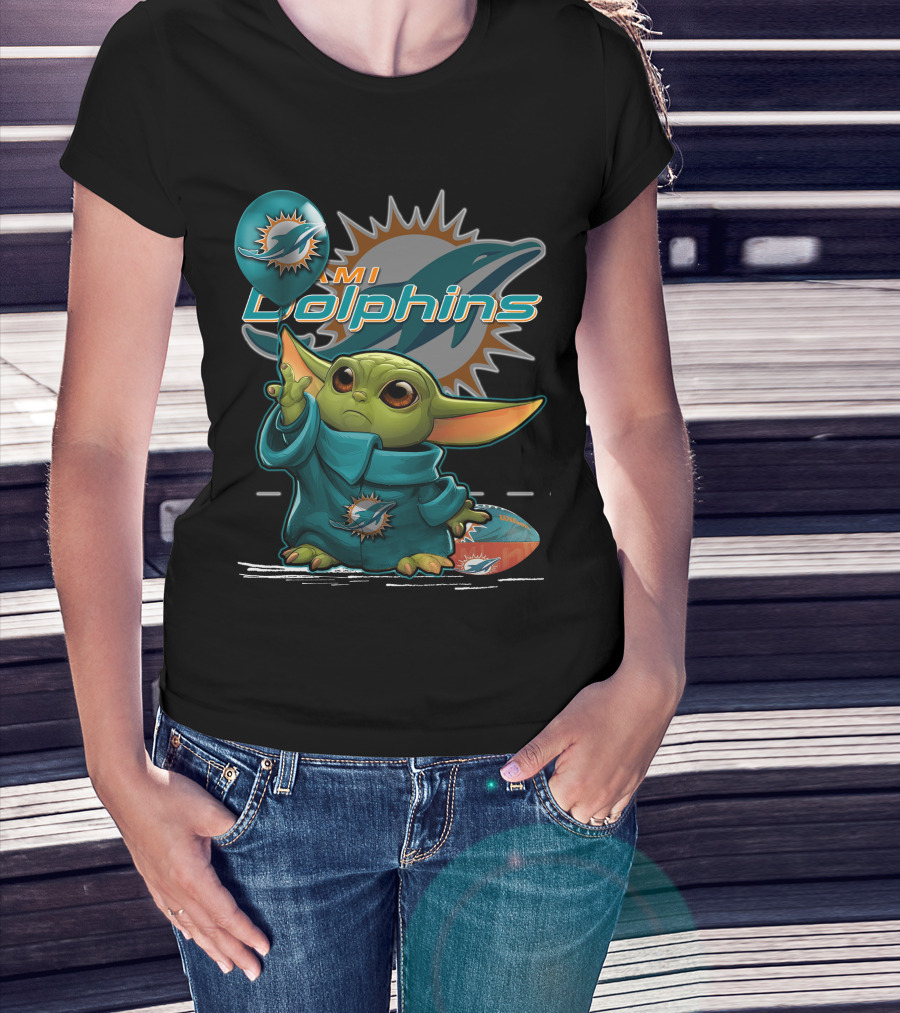 Yoda Holding Miami Dolphins Football And Balloon T-Shirt