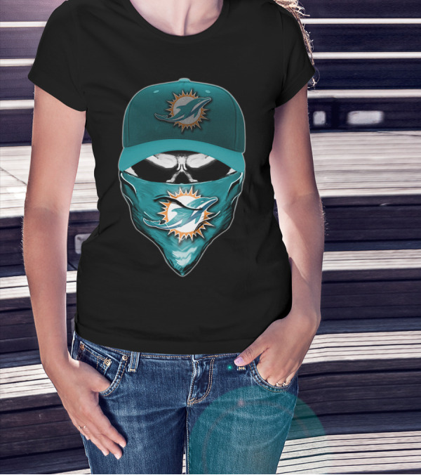 Skull Miami Dolphins Logo Hat And Bandana T-Shirt
