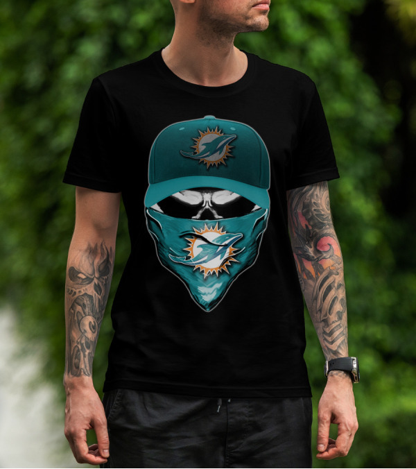 Skull Miami Dolphins Logo Hat And Bandana T-Shirt