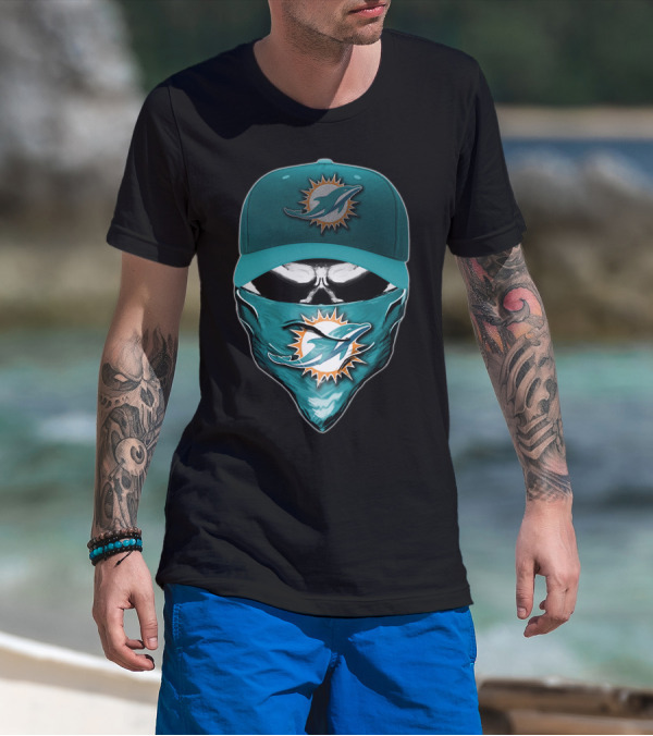 Skull Miami Dolphins Logo Hat And Bandana T-Shirt