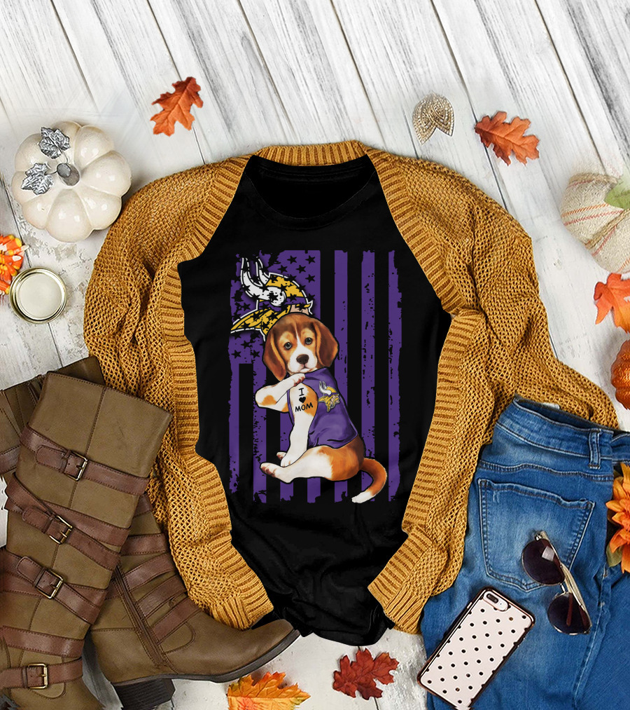 Beagle I Love Mom Minnesota Vikings Purple Flag T-Shirt