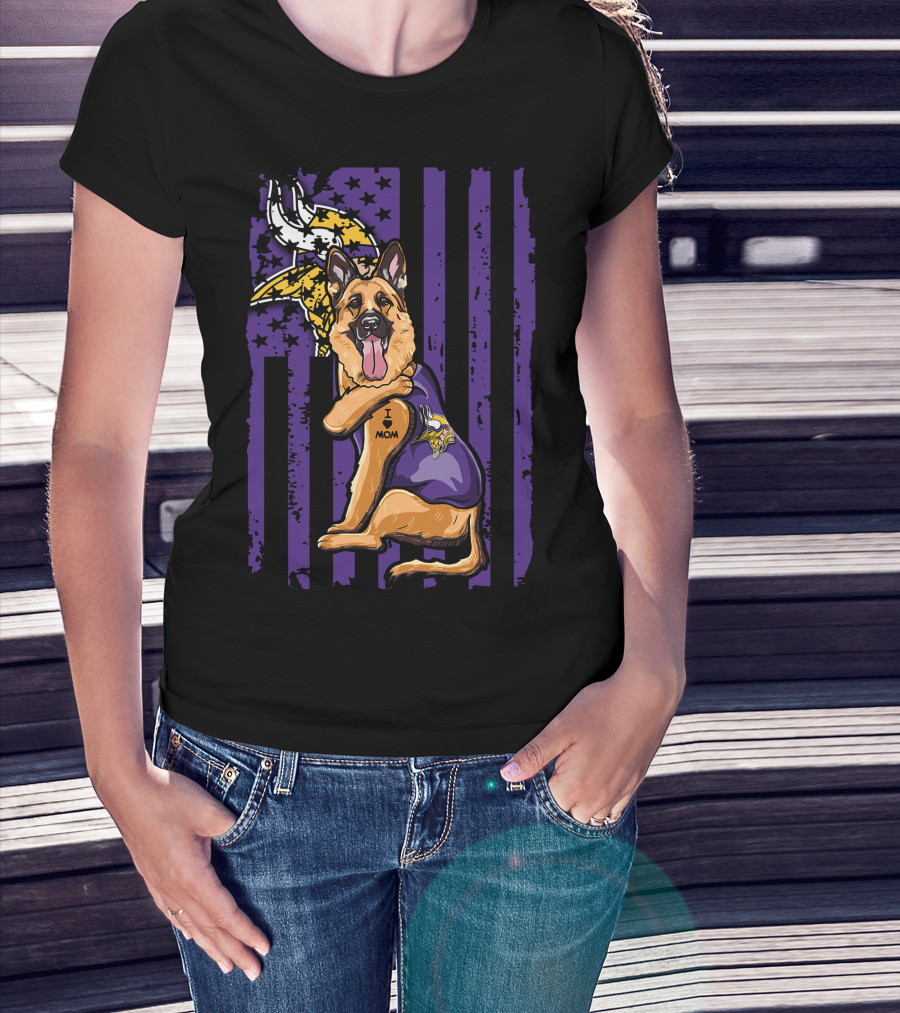 German Shepherd Minnesota Vikings Dog Wearing Jersey With Vikings Logo And I Love Mom Tattoo T-Shirt
