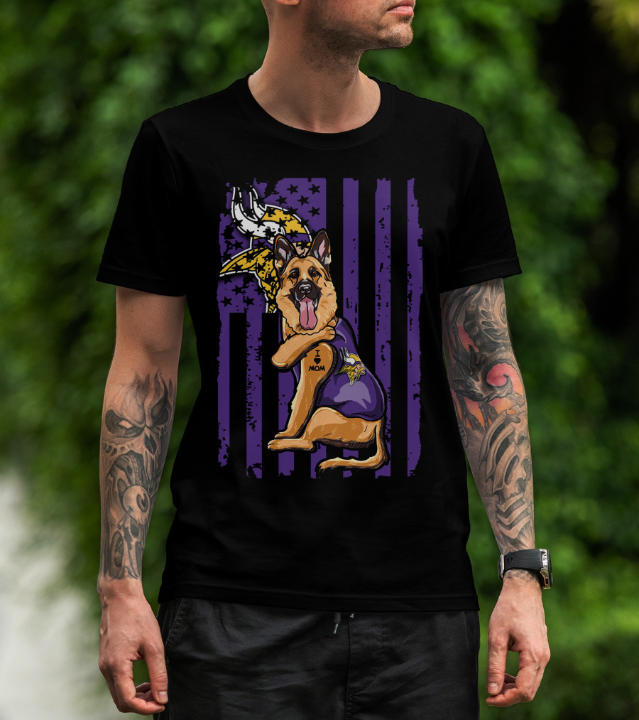 German Shepherd Minnesota Vikings Dog Wearing Jersey With Vikings Logo And I Love Mom Tattoo T-Shirt