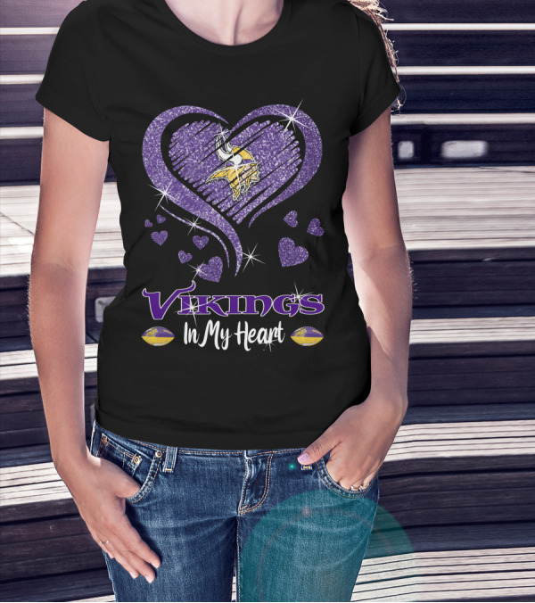 Vikings In My Heart Minnesota Vikings Logo Purple Sparkling Hearts T-Shirt