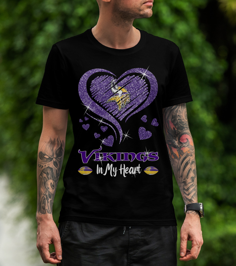 Vikings In My Heart Minnesota Vikings Logo Purple Sparkling Hearts T-Shirt