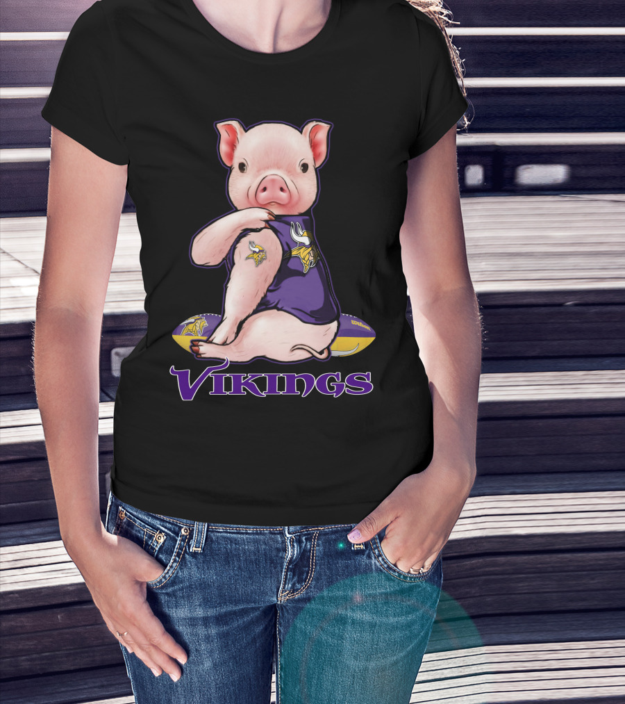 Pig In Minnesota Vikings Jersey With Football T-Shirt