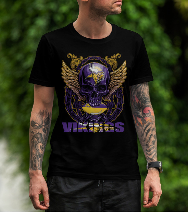 Skullfb Minnesota Vikings Winged Skull And Football Helmet T-Shirt