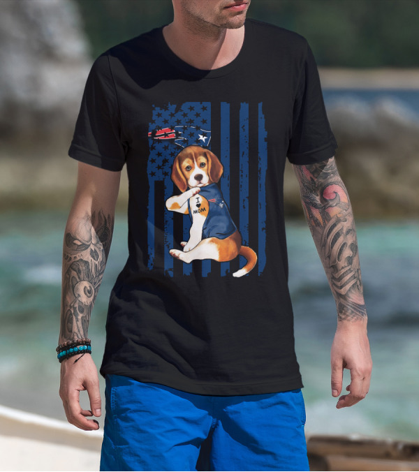 Patriotic Beagle Wearing New England Patriots Jersey I Love Mom T-Shirt