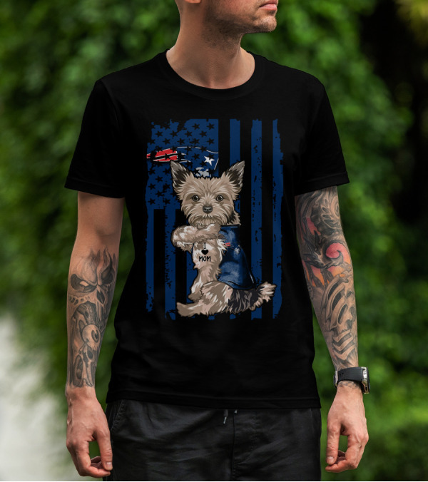 Yorkshire Terrier With I Love Mom Vest And New England Patriots Themed Background T-Shirt