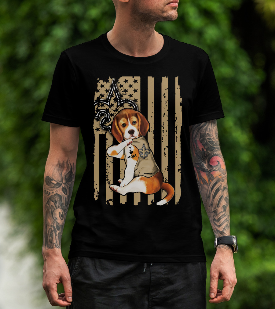 Beagle I Love Mom New Orleans Saints Fleur-de-Lis American Flag T-Shirt