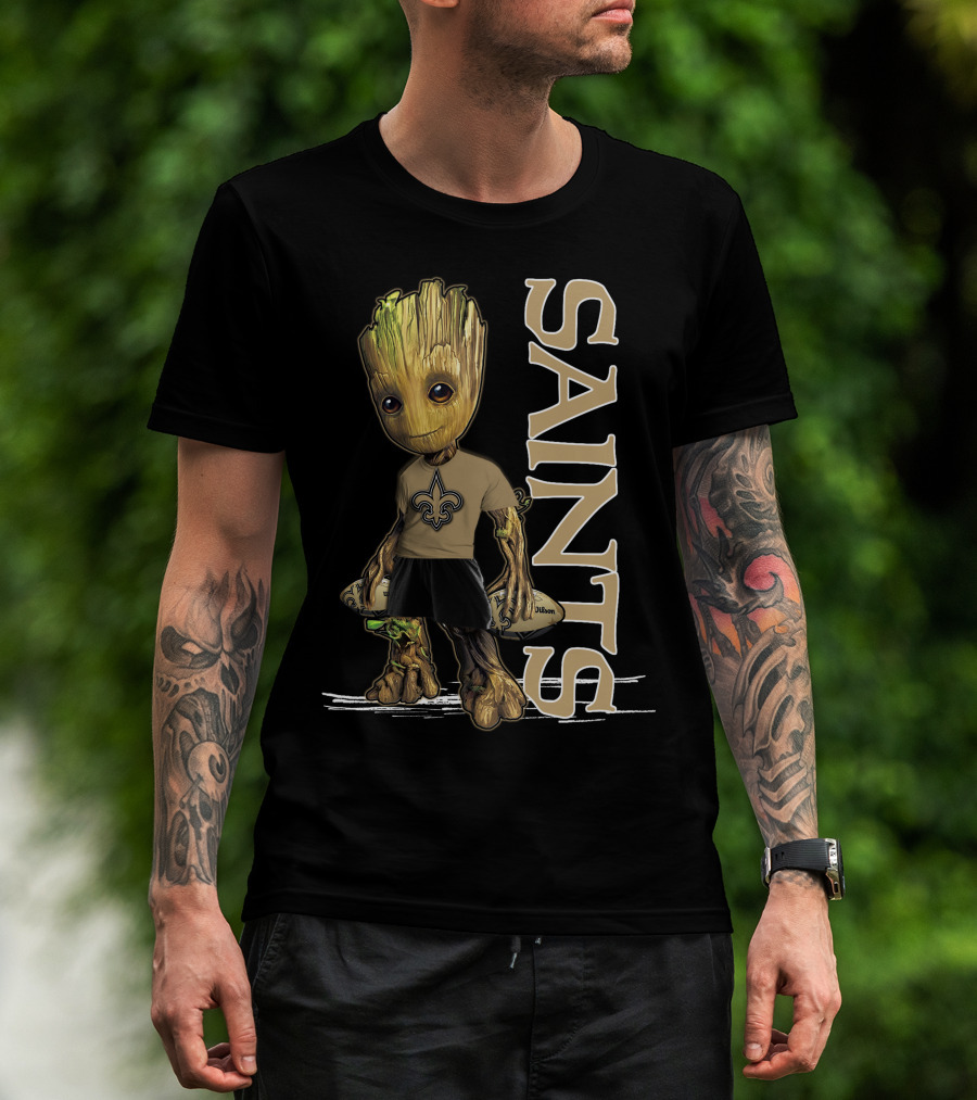 Groot New Orleans Saints Guardian With Fleur-de-Lis T-Shirt