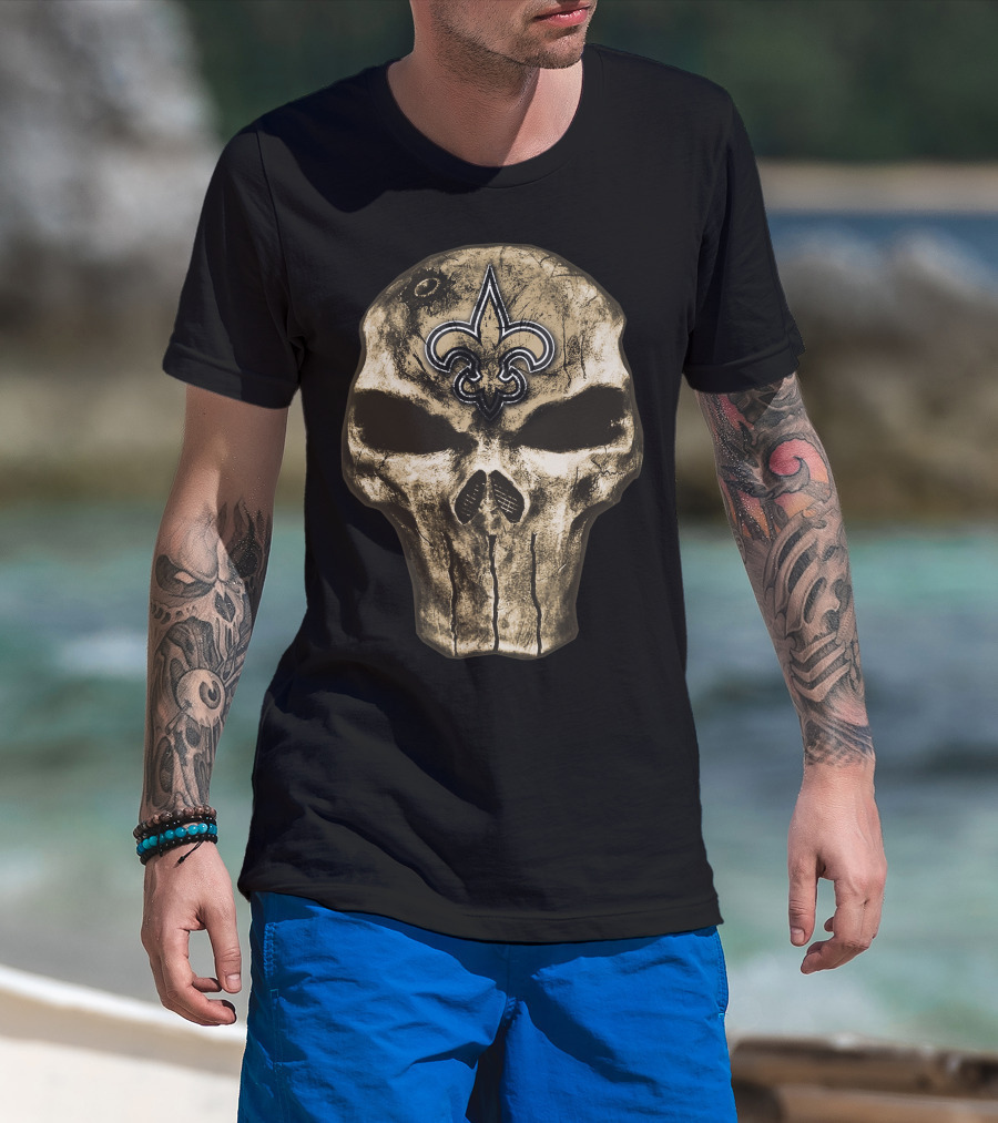 Skull V4 New Orleans Saints Fleur-De-Lis Emblem T-Shirt