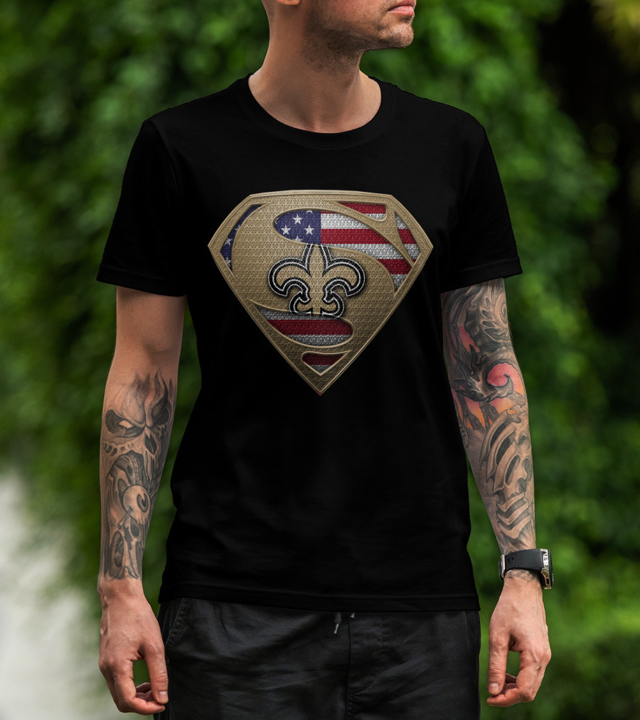 New Orleans Saints Fleur-De-Lis Superhero Shield With American Flag T-Shirt