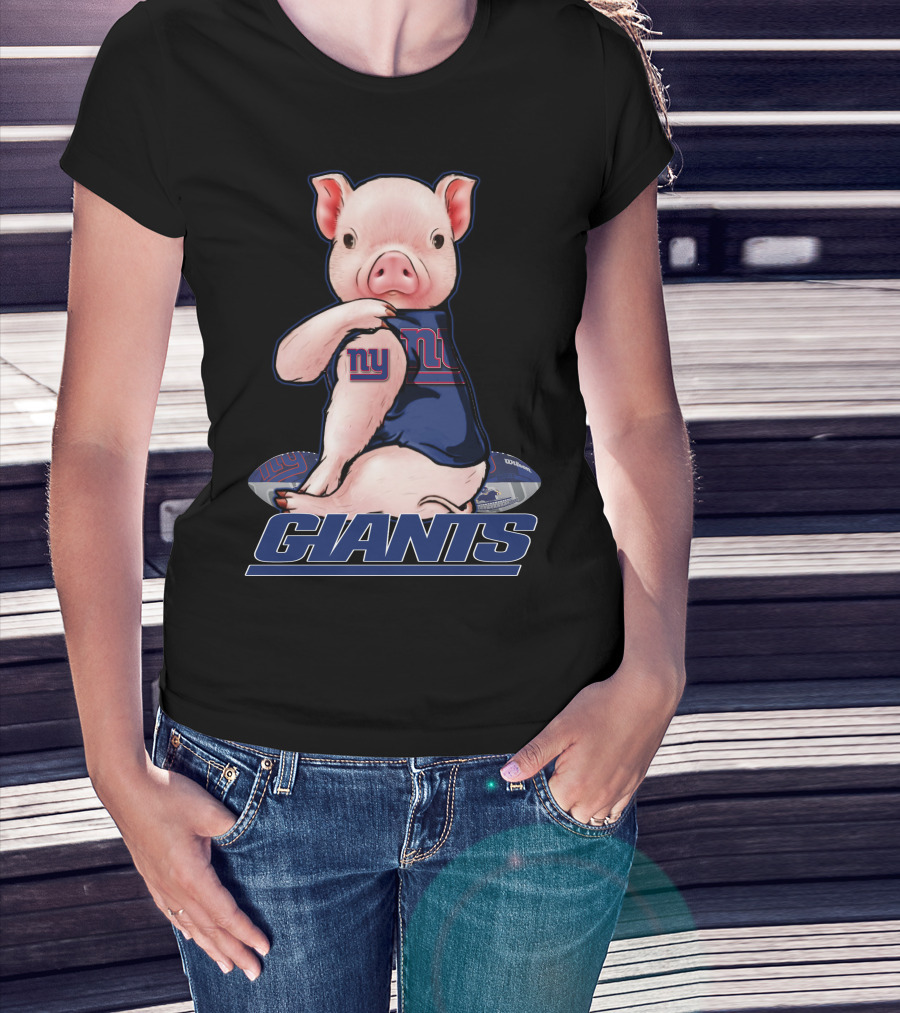 Pig Wearing New York Giants Jersey Sitting On Football Giants T-Shirt