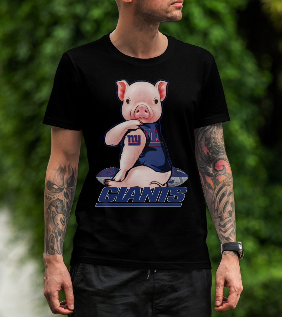 Pig Wearing New York Giants Jersey Sitting On Football Giants T-Shirt