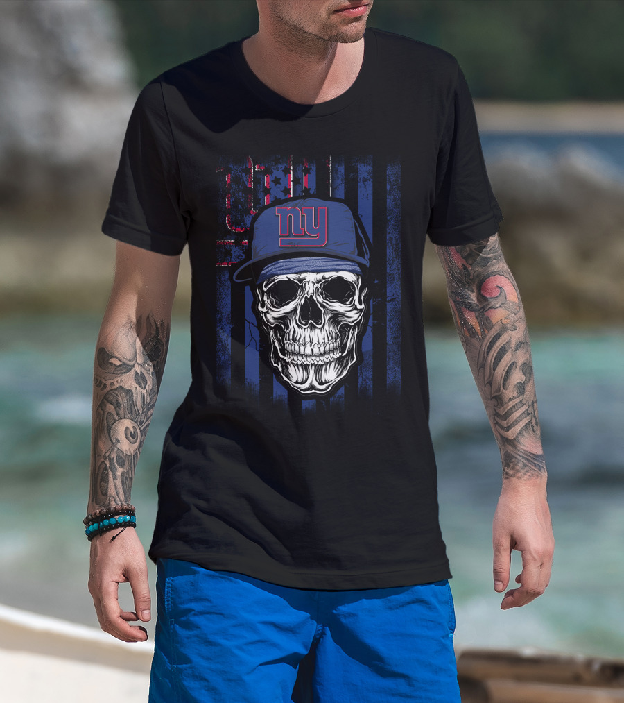 Skull V1 New York Giants Blue Cap Stripe T-Shirt