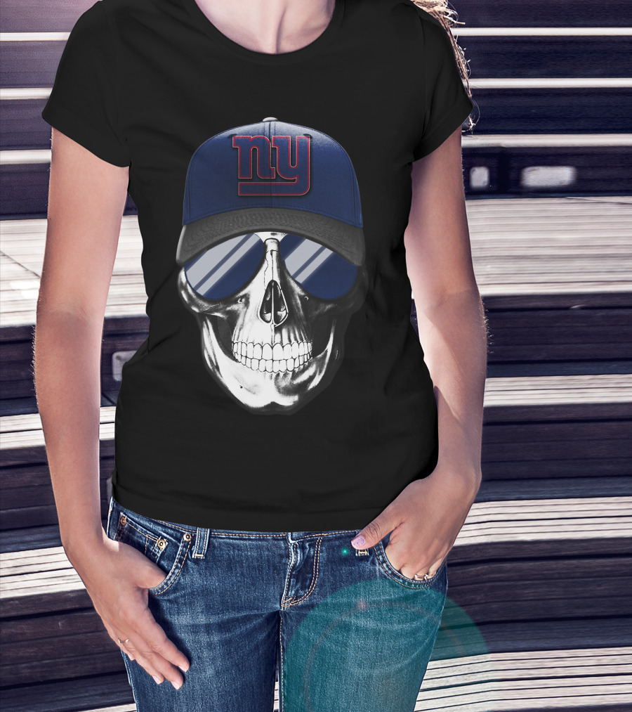 Skull V7 New York Giants Football Fan Cap With Reflective Sunglasses T-Shirt