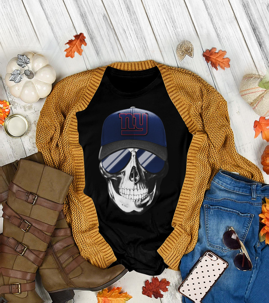 Skull V7 New York Giants Football Fan Cap With Reflective Sunglasses T-Shirt