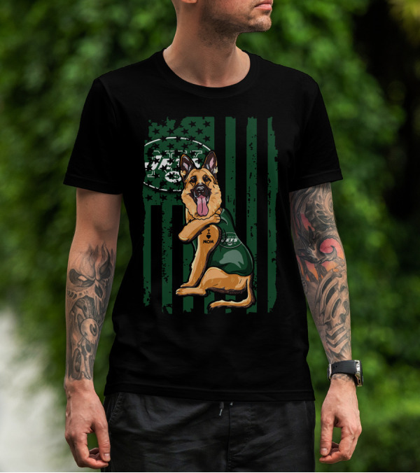 German Shepherd I Love Mom New York Jets Fan USA Flag T-Shirt