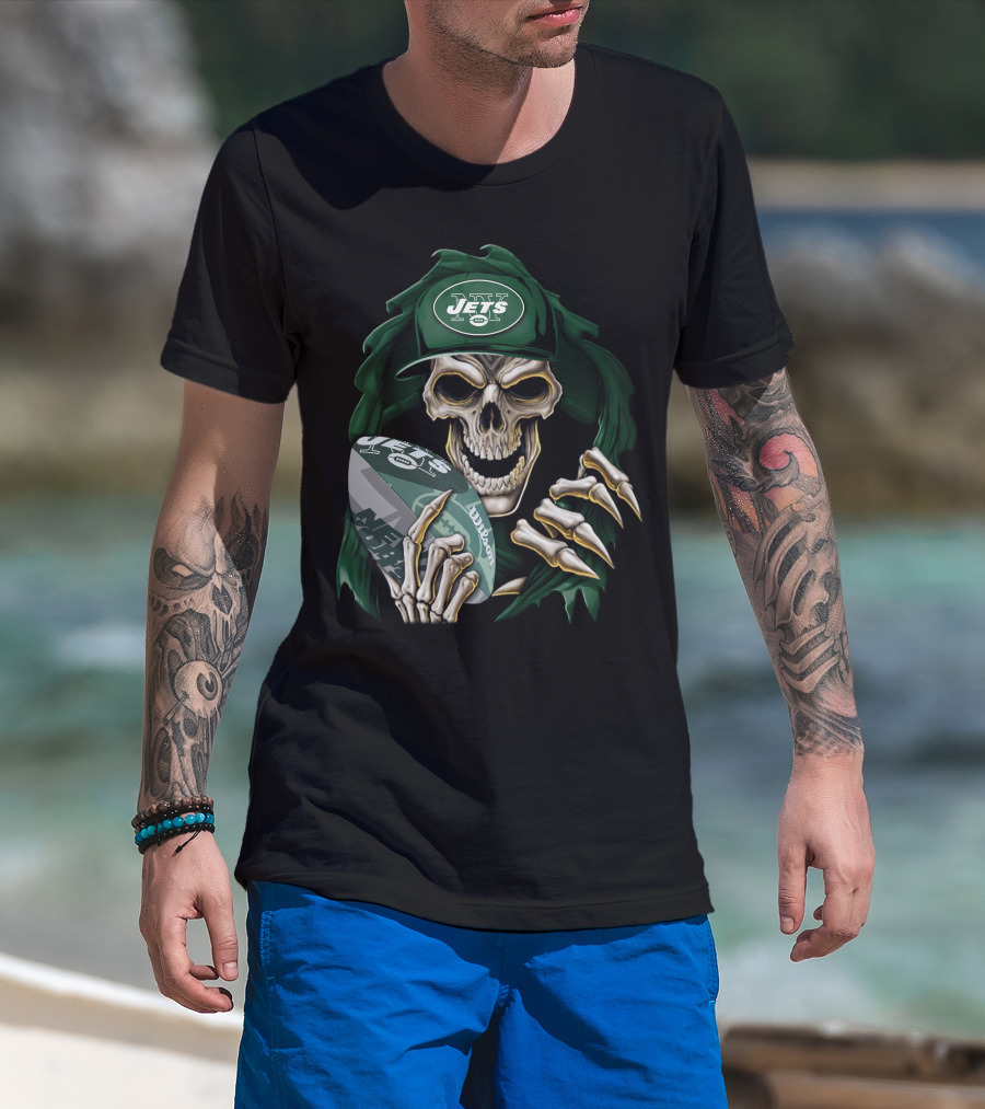 New York Jets Skullbong Skeleton Holding Football T-Shirt