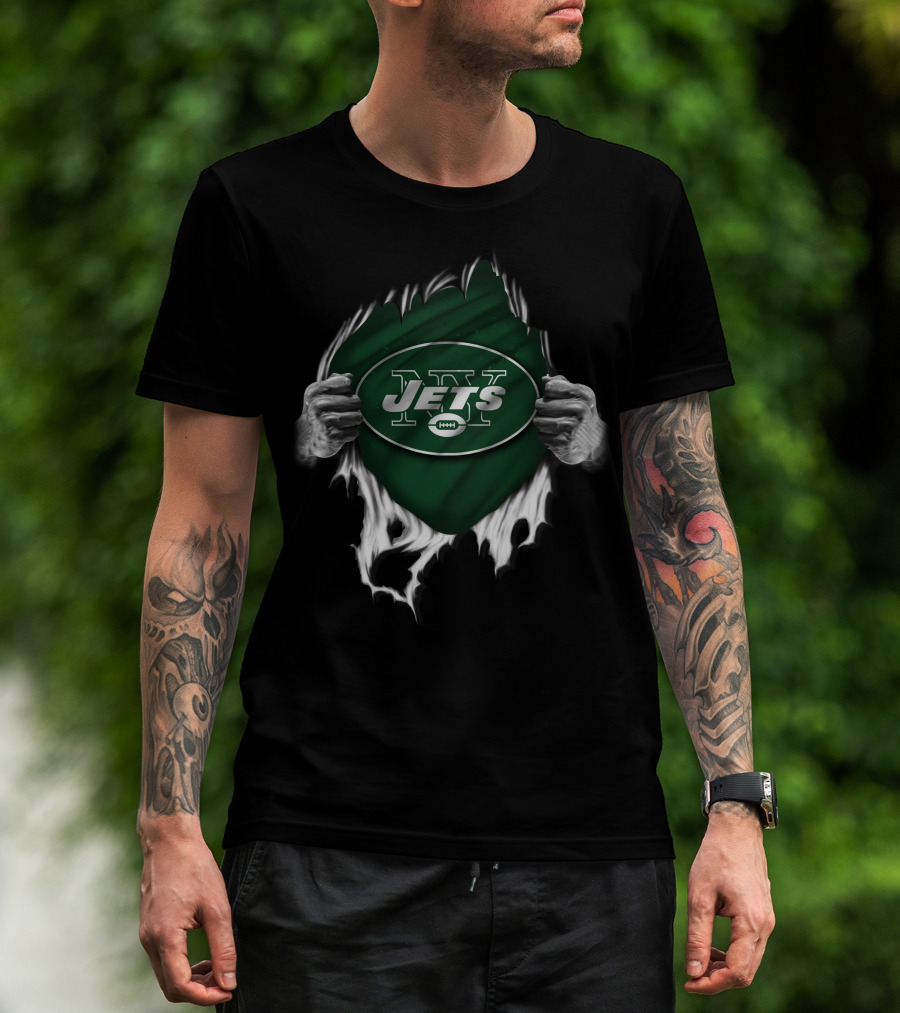 Torn V1 New York Jets Logo With Green Background And Ripping Hands T-Shirt