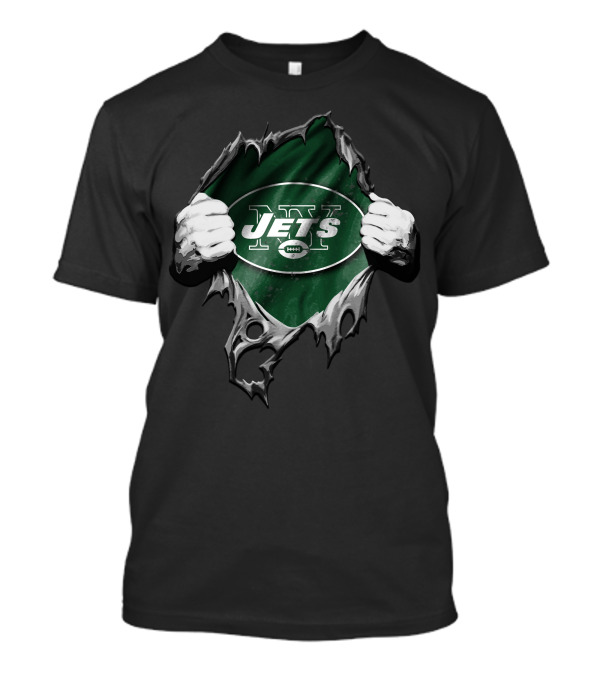 Torn V2 New York Jets Logo Green Background Hands Pulling Open T-Shirt