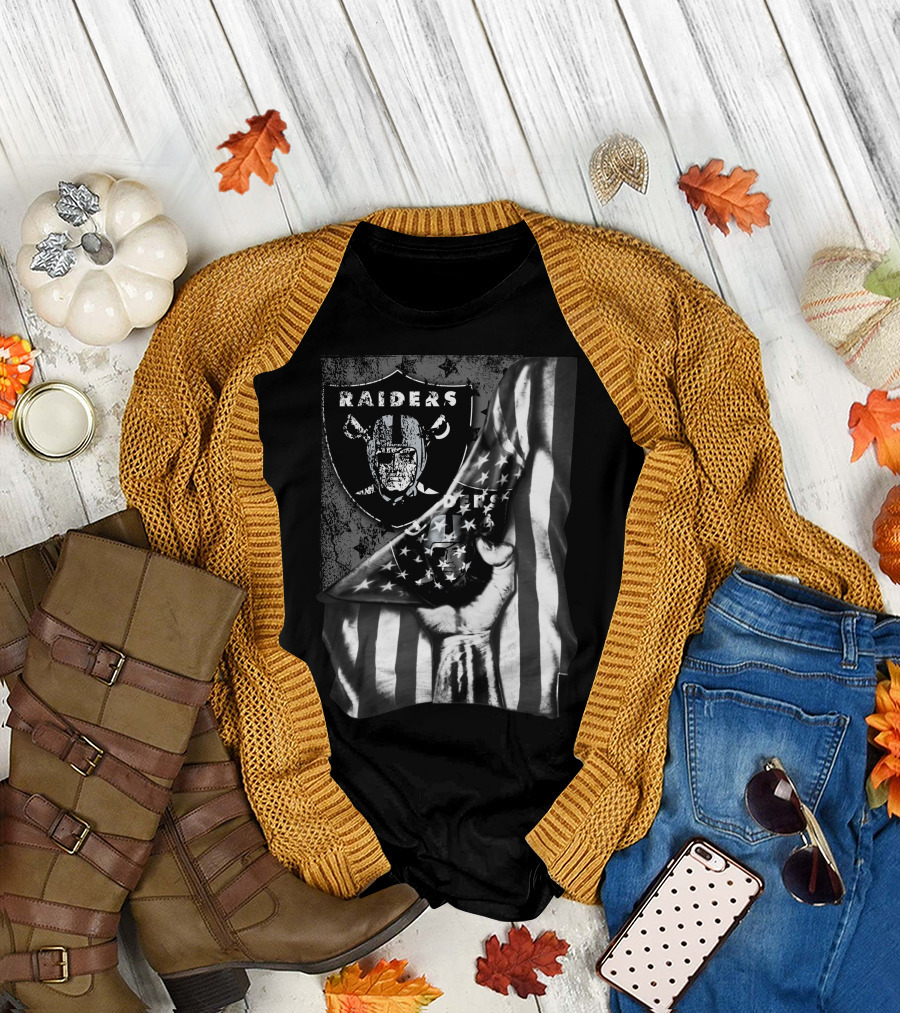 Raiders Shield with American Flag and Hand Holding Stars Grayscale T-Shirt